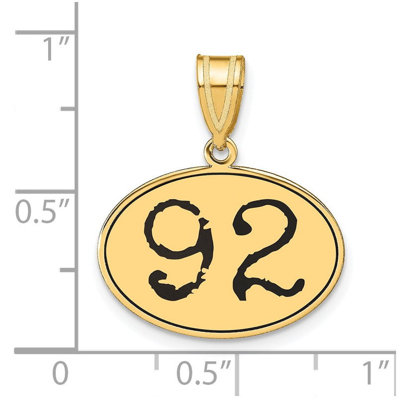 14k Yellow Gold Polished Number 92 Black Enamel Oval Pendant