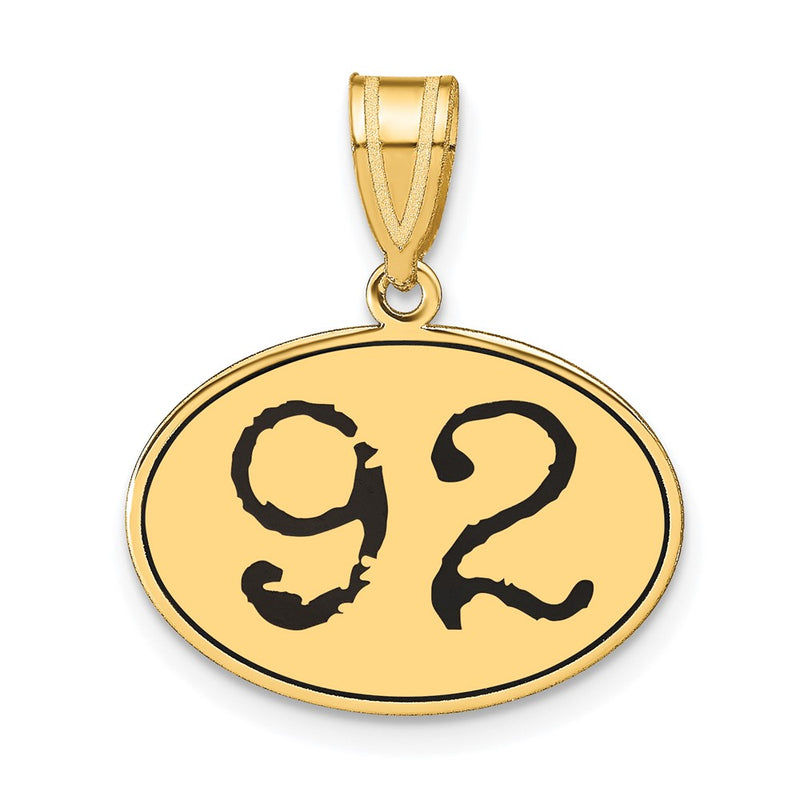 14k Yellow Gold Polished Number 92 Black Enamel Oval Pendant