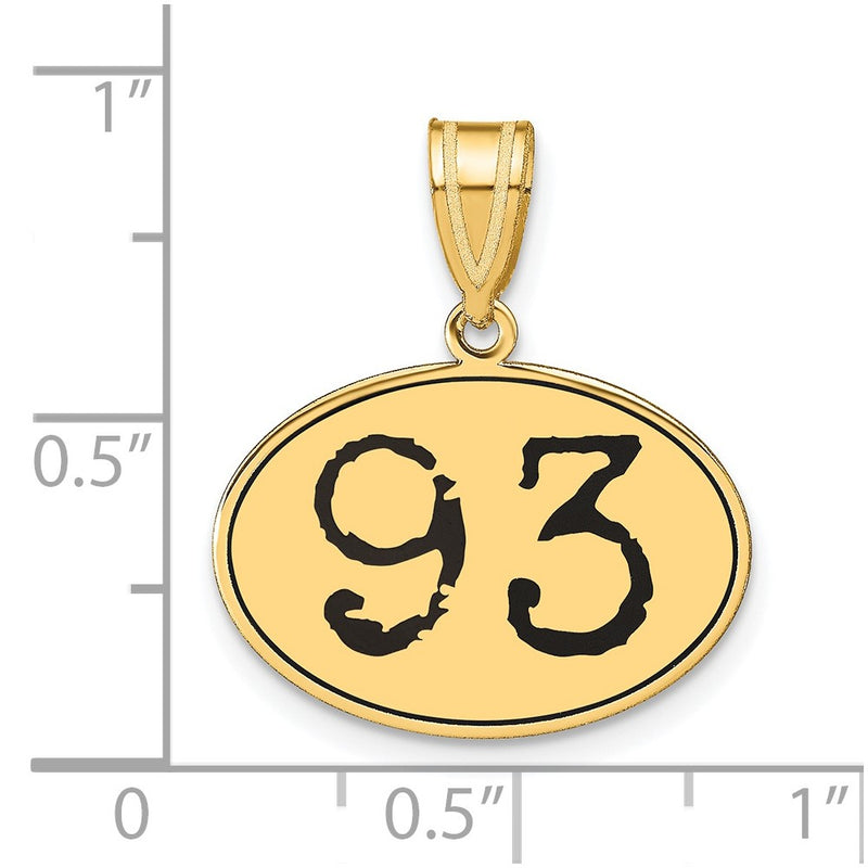 14k Yellow Gold Polished Number 93 Black Enamel Oval Pendant