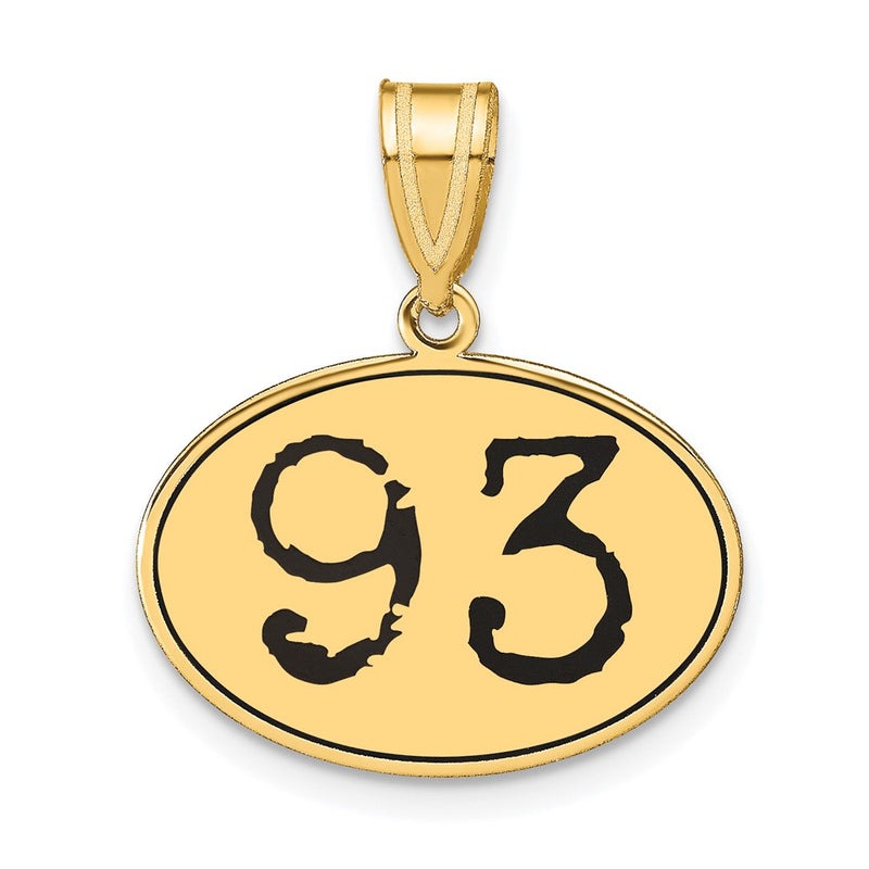 14k Yellow Gold Polished Number 93 Black Enamel Oval Pendant