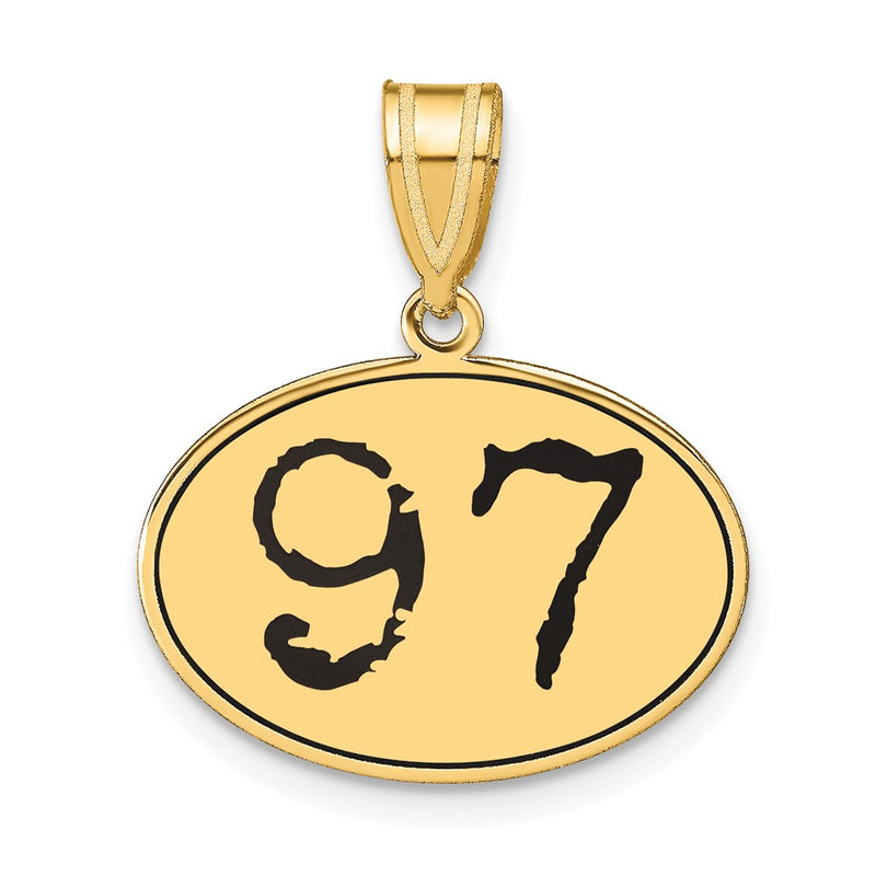 14k Yellow Gold Polished Number 97 Black Enamel Oval Pendant