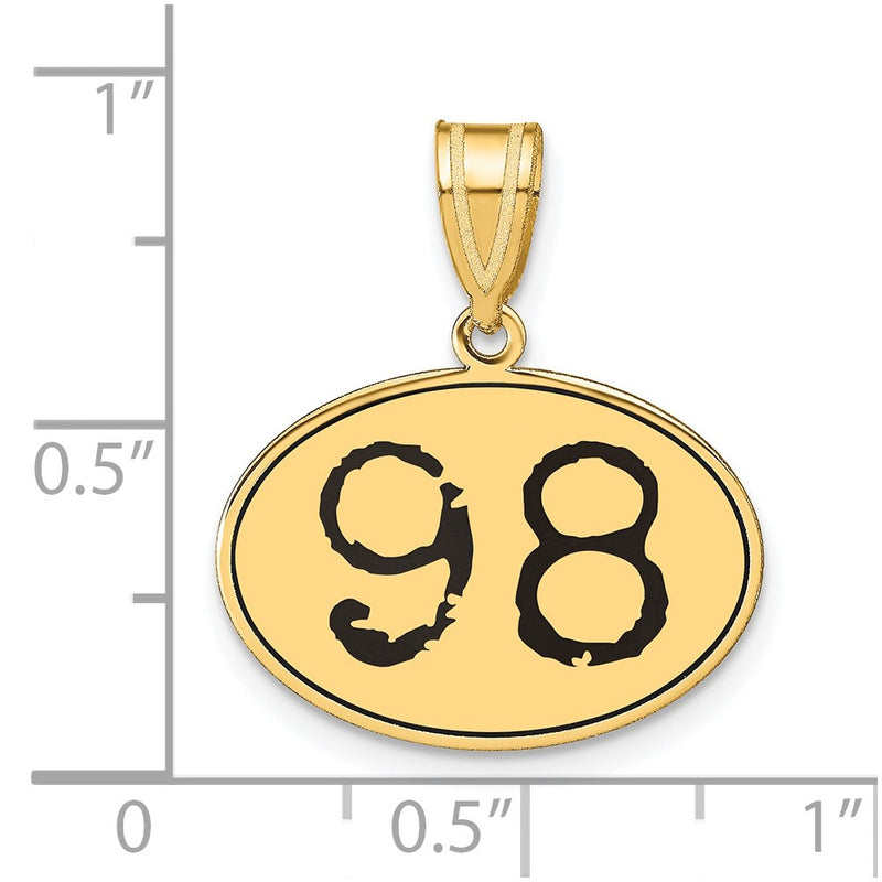 14k Yellow Gold Polished Number 98 Black Enamel Oval Pendant