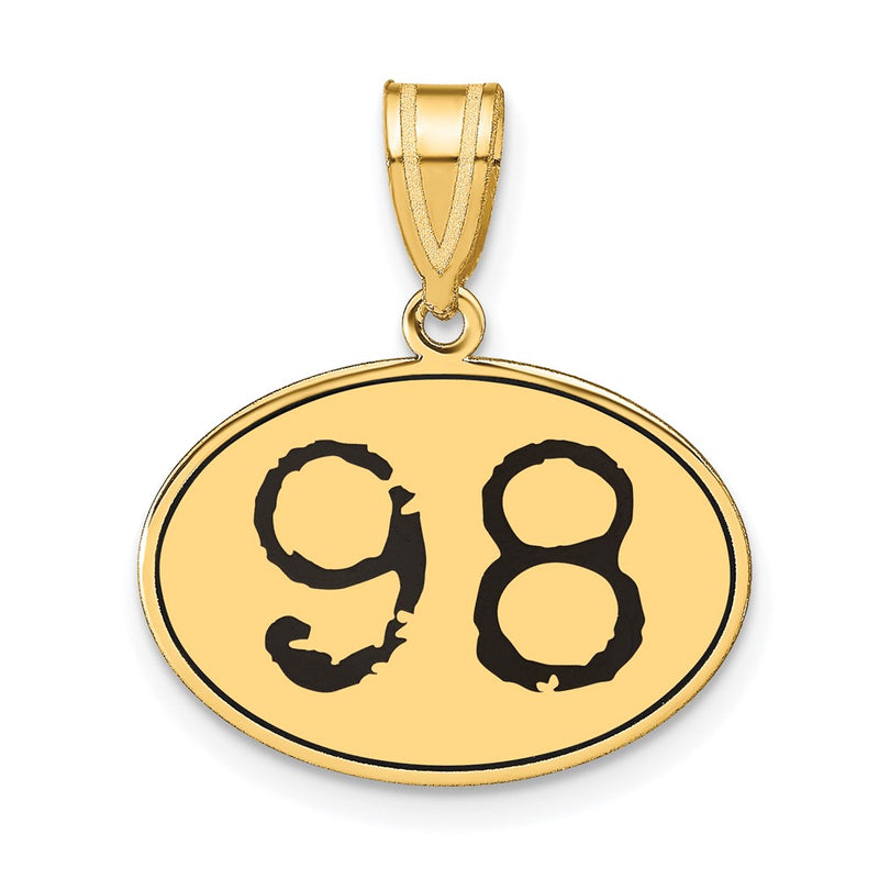14k Yellow Gold Polished Number 98 Black Enamel Oval Pendant