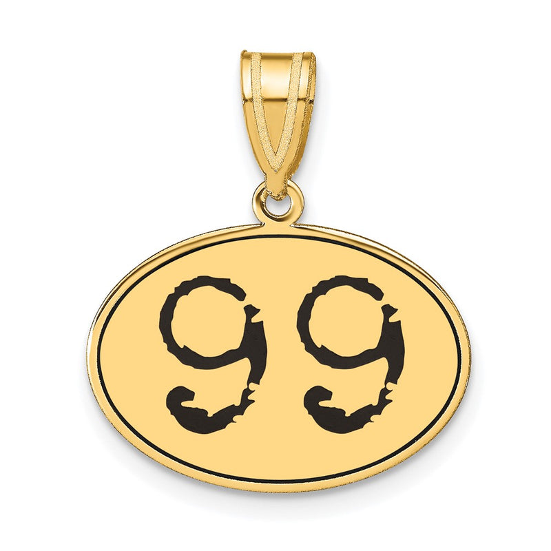 14k Yellow Gold Polished Number 99 Black Enamel Oval Pendant