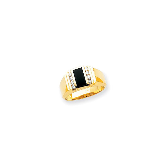 14K Yellow Gold Flat Top Polished Complete Mens Real Diamond And Onyx Ring