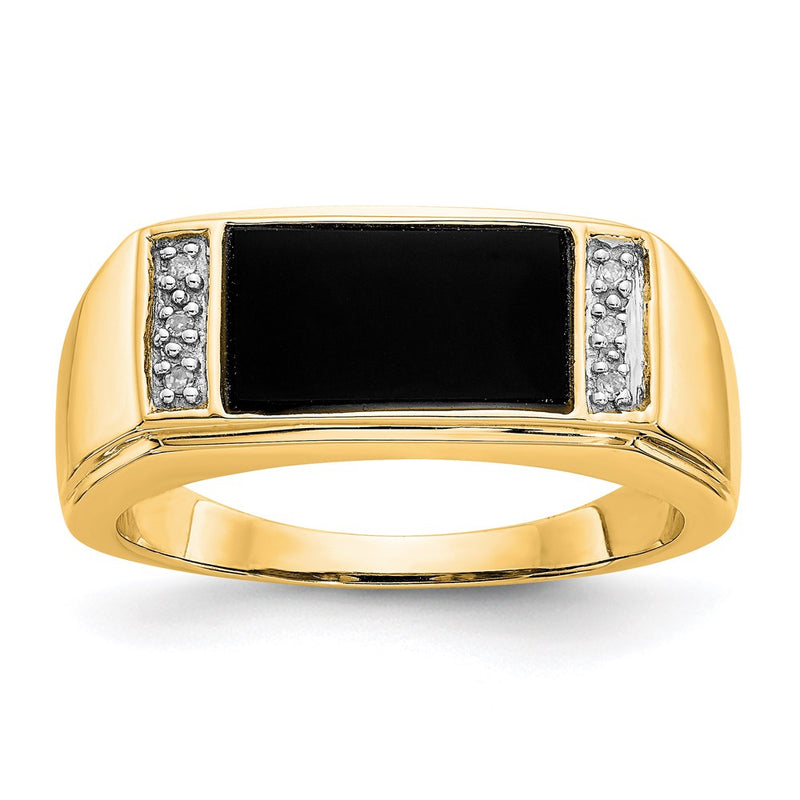 14K Yellow Gold Onyx & A Quality Real Diamond Mens Ring