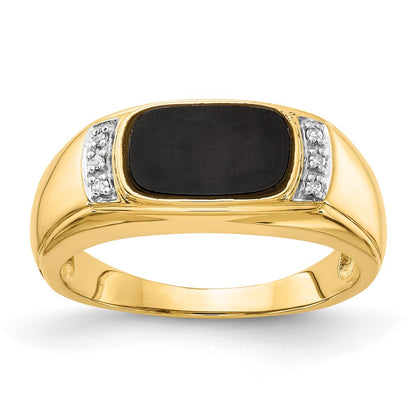 14K Yellow Gold Onyx & A Quality Real Diamond Mens Ring