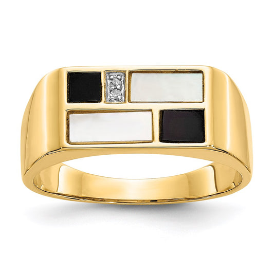 14k Yellow Gold Onyx Mother of Pearl & A Quality Diamond Mens Ring