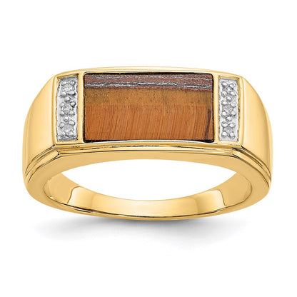14K Yellow Gold Tigers Eye & A Quality Real Diamond Mens Ring