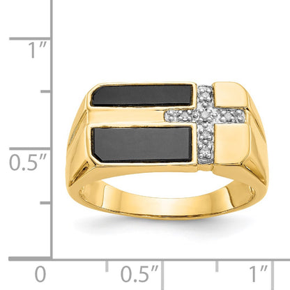 14K Yellow Gold Onyx & Real Diamond Mens Cross Ring