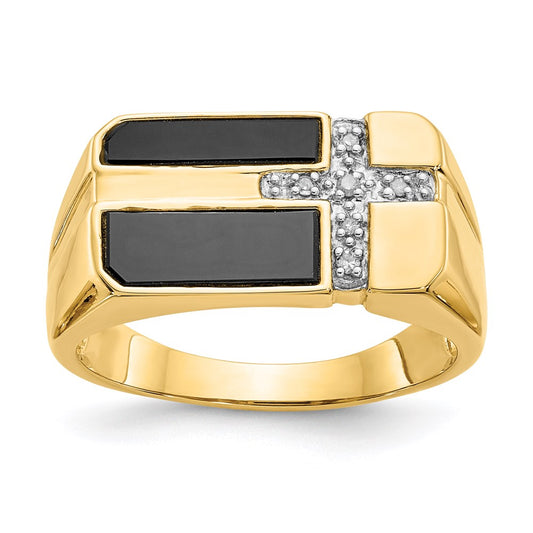 14K Yellow Gold Onyx & Real Diamond Mens Cross Ring
