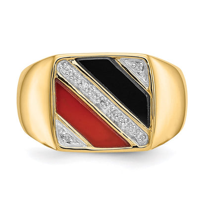 14K Yellow Gold Men's Onyx & Red Agate Real Diamond Ring