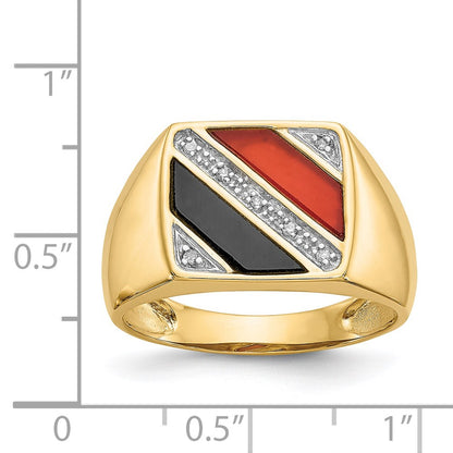 14K Yellow Gold Men's Onyx & Red Agate Real Diamond Ring