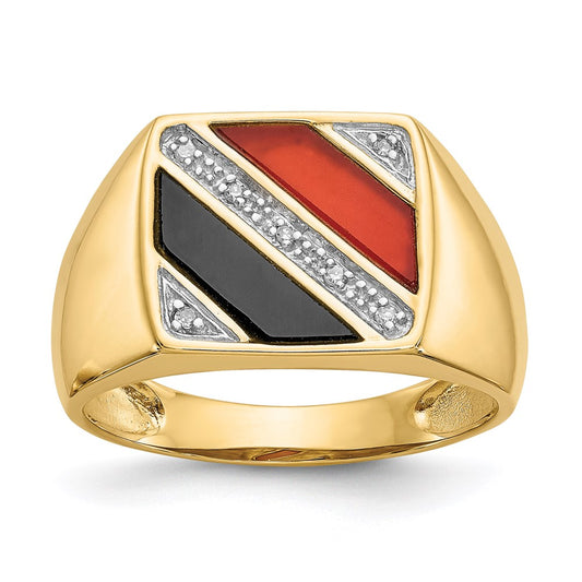 14K Yellow Gold Men's Onyx & Red Agate Real Diamond Ring