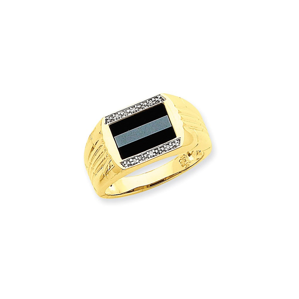 14K Yellow Gold & Rhod Onyx & Hematite Real Diamond Ring