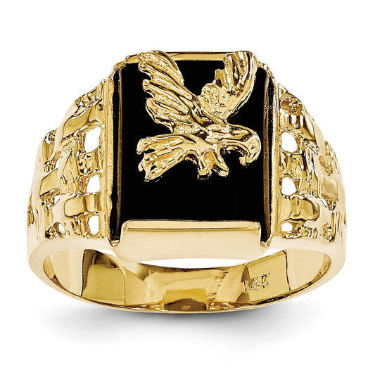 14K Yellow Gold Men's Onyx Eagle Ring