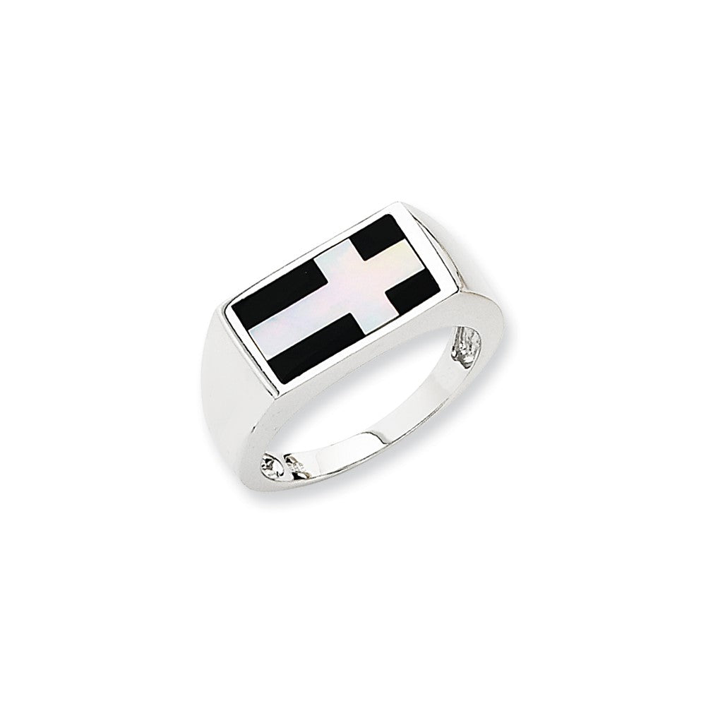 14K White Gold Onyx and White Agate Cross Ring