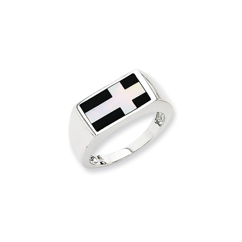 14K White Gold Onyx and White Agate Cross Ring