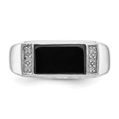 14k White Gold Onyx & A Quality Real Diamond Mens Ring