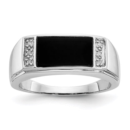 14k White Gold Onyx & A Quality Real Diamond Mens Ring