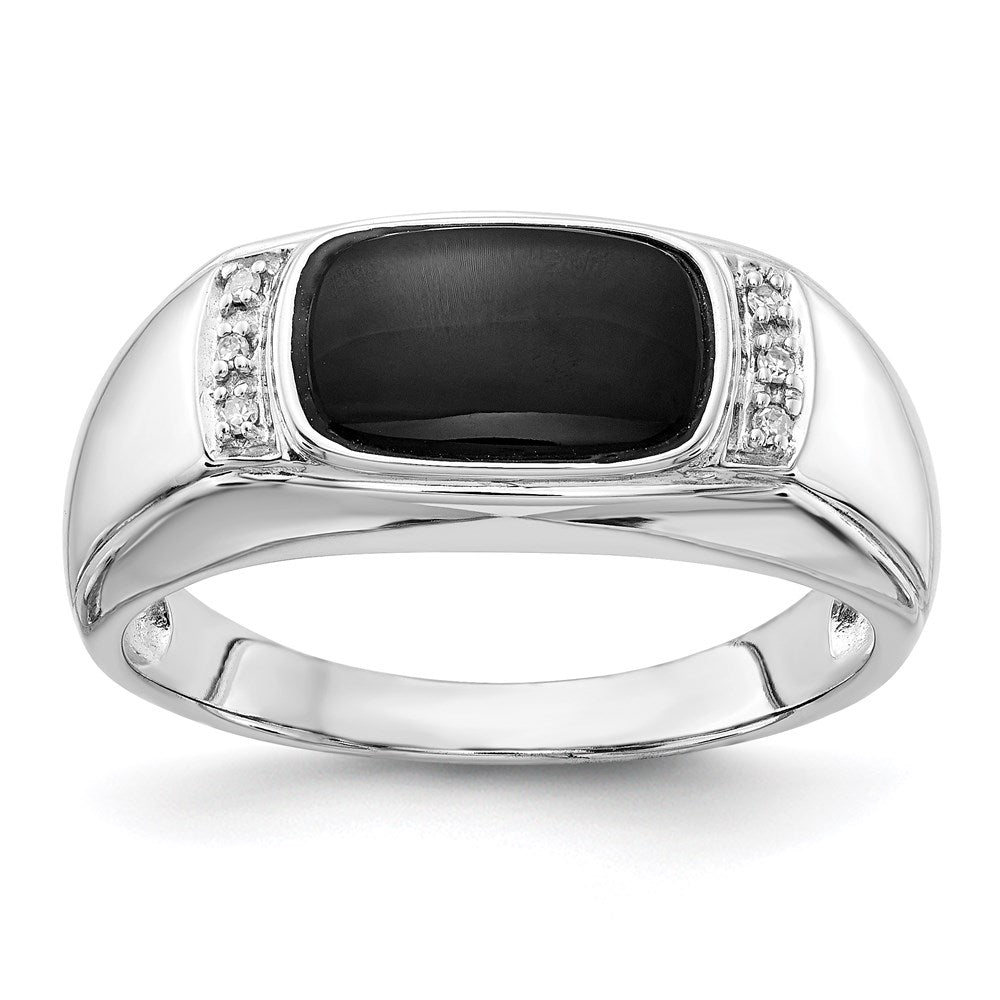 14k White Gold Onyx & A Quality Real Diamond Mens Ring