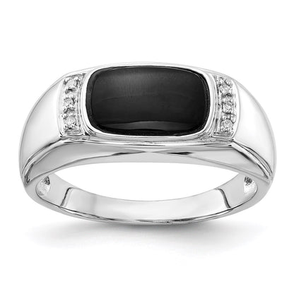 14k White Gold Onyx & A Quality Real Diamond Mens Ring