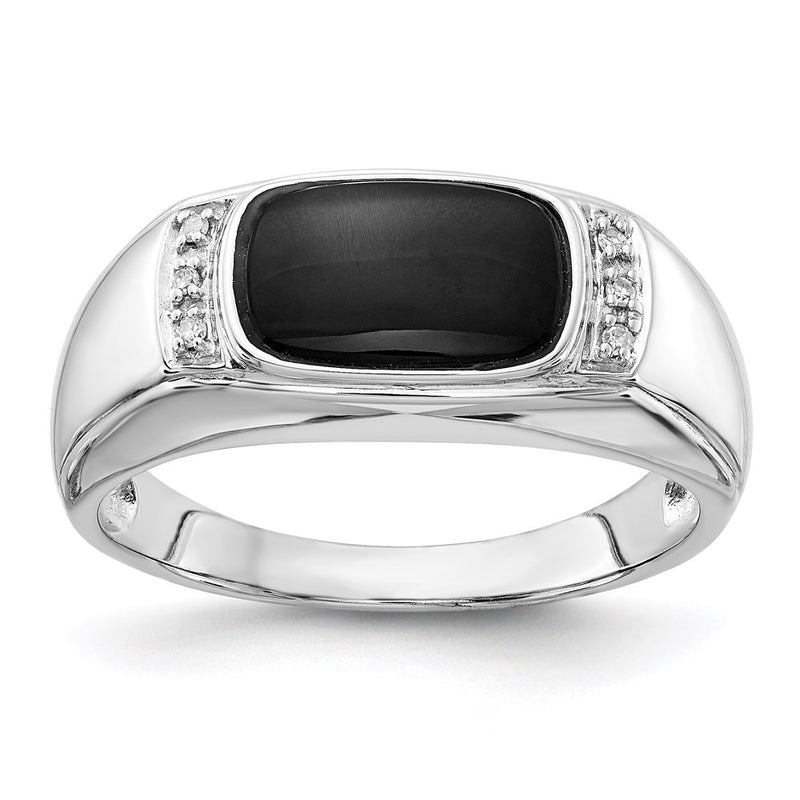 14k White Gold Onyx & A Quality Real Diamond Mens Ring