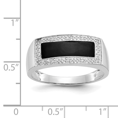 14k White Gold Onyx & A Quality Real Diamond Mens Ring