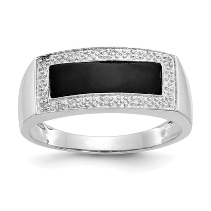 14k White Gold Onyx & A Quality Real Diamond Mens Ring
