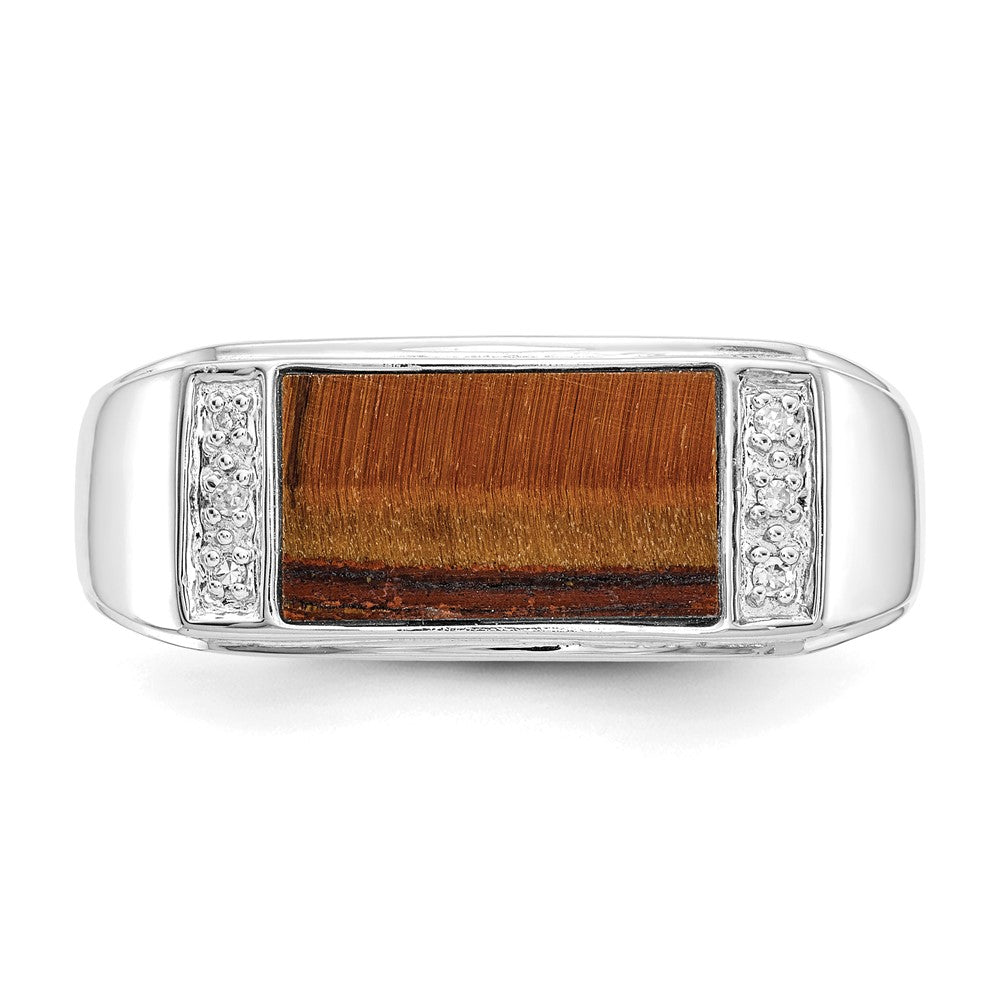 14k White Gold Tigers Eye & A Quality Real Diamond Mens Ring