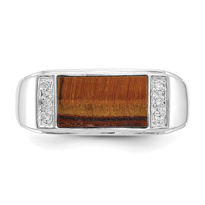 14k White Gold Tigers Eye & A Quality Real Diamond Mens Ring