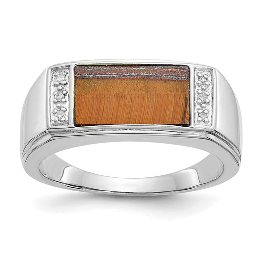 14k White Gold Tigers Eye & A Quality Real Diamond Mens Ring