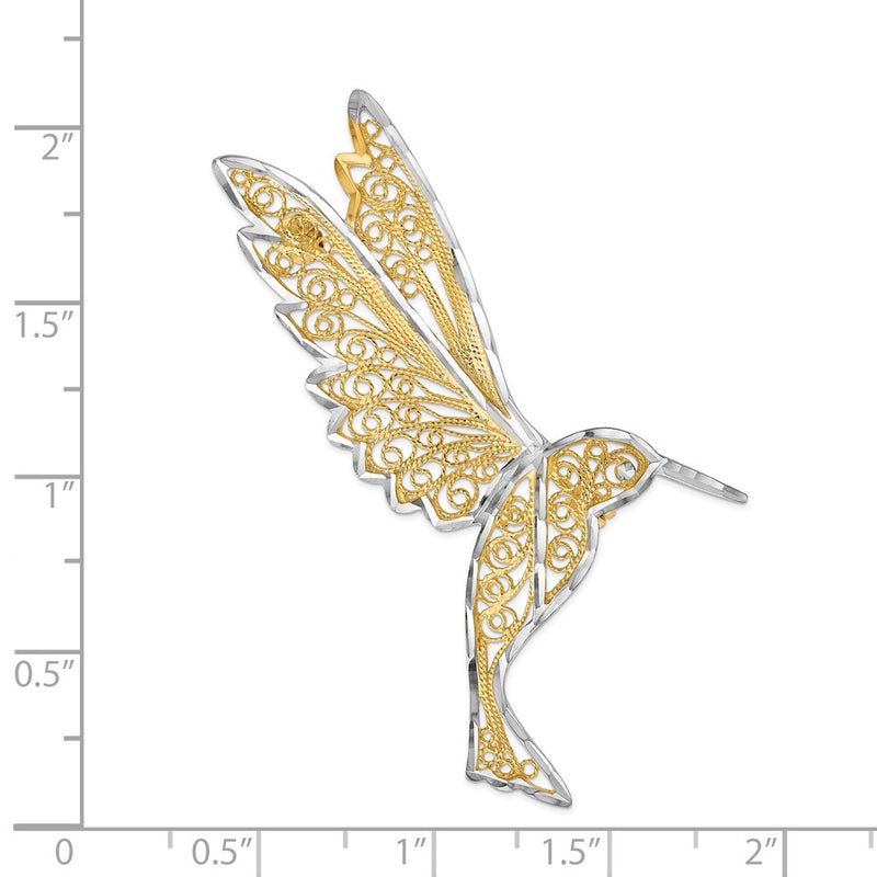 14k Yellow & Rhodium Gold & Rhodium Diamond Cut Filigree Hummingbird Pin