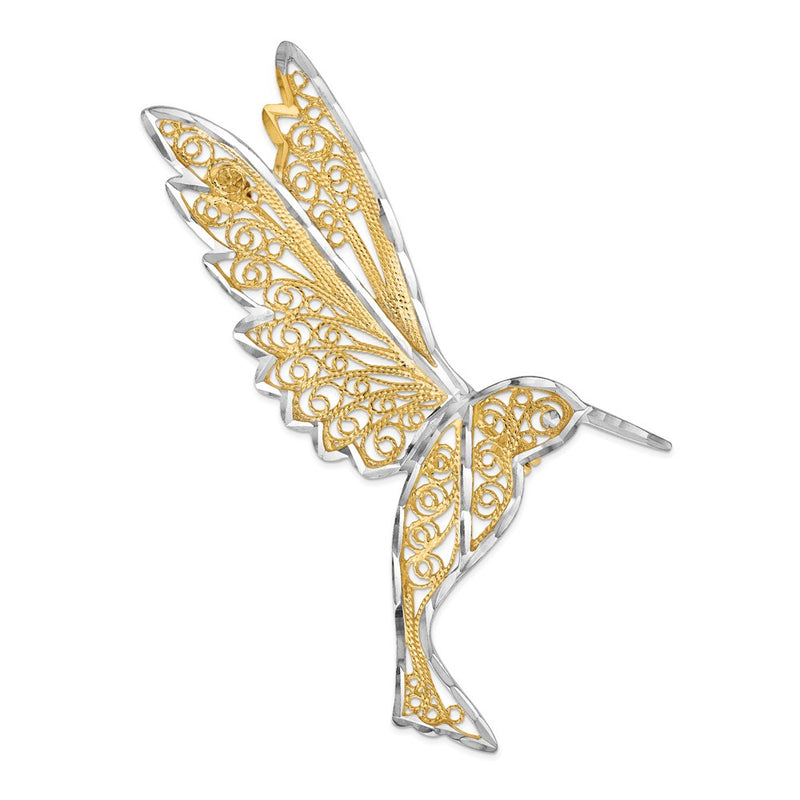 14k Yellow & Rhodium Gold & Rhodium Diamond Cut Filigree Hummingbird Pin