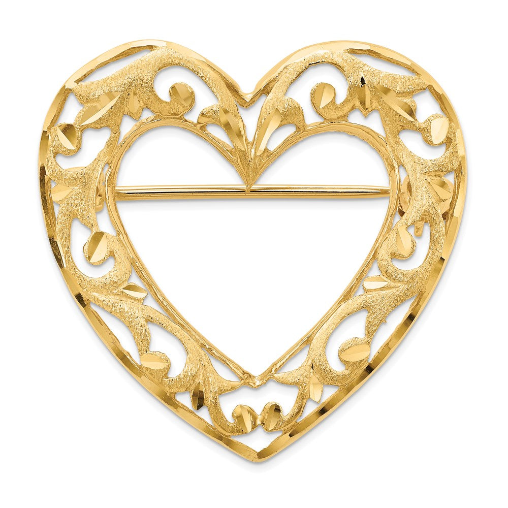 14k Yellow Gold Diamond-cut Polished and Satin Filigree Open Heart Pin Brooch