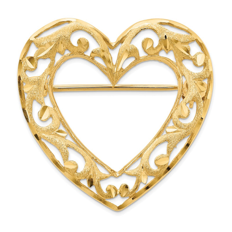 14k Yellow Gold Diamond-cut Polished and Satin Filigree Open Heart Pin Brooch