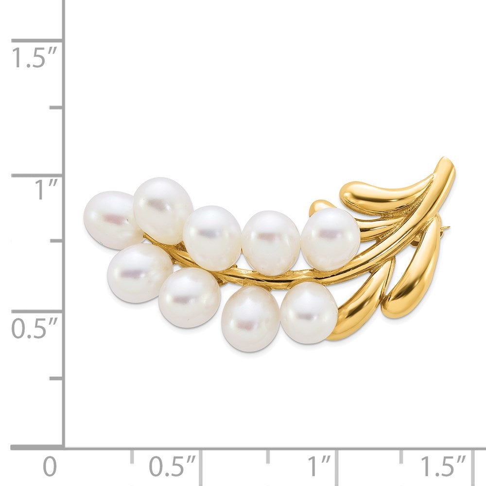 14k Yellow Gold Polished Cluster 5-6mm White Rice Freshwater Cultured Pearl Pin Brooch
