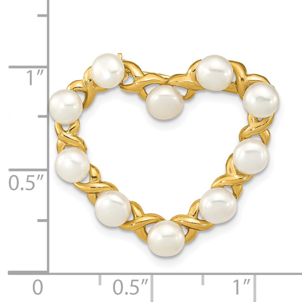 14k Yellow Gold X and O with 4-5mm Button White Freshwater Cultured Pearls Open Heart Pin Brooch