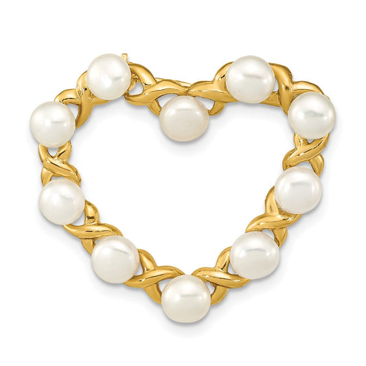 14k Yellow Gold X and O with 4-5mm Button White Freshwater Cultured Pearls Open Heart Pin Brooch