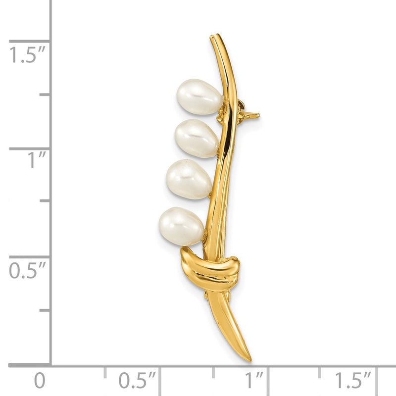 14k Yellow Gold Polished Accented with 4-5mm Teardrop White Freshwater Cultured Pearl Pin Brooch