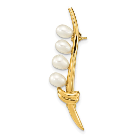 14k Yellow Gold Polished Accented with 4-5mm Teardrop White Freshwater Cultured Pearl Pin Brooch