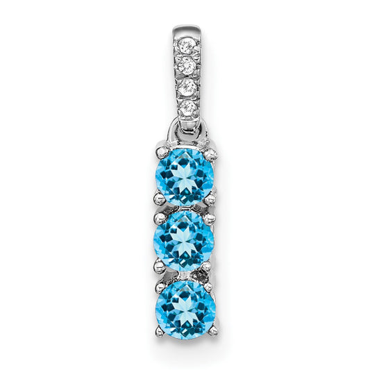 Solid 14k White Gold 3-stone Simulated Blue Topaz and CZ Pendant