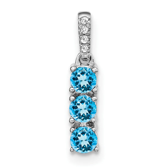 14k White Gold 3-stone Blue Topaz and Real Diamond Pendant
