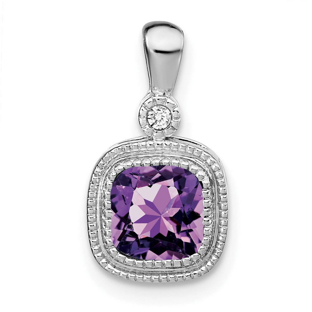 14k White Gold Cushion Amethyst and Real Diamond Pendant