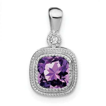 14k White Gold Cushion Amethyst and Real Diamond Pendant