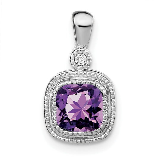 14k White Gold Cushion Amethyst and Real Diamond Pendant