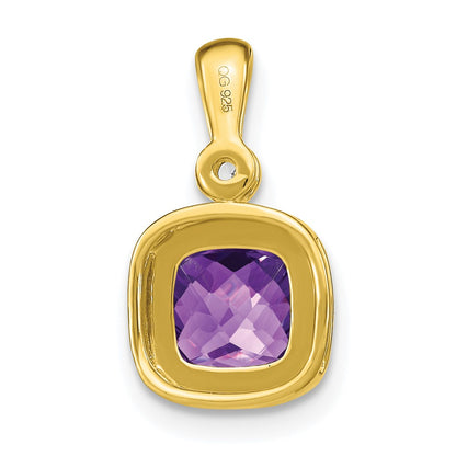 14K Yellow Gold Cushion Amethyst and Real Diamond Pendant