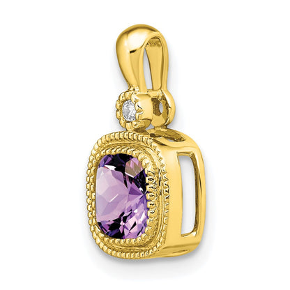 14K Yellow Gold Cushion Amethyst and Real Diamond Pendant