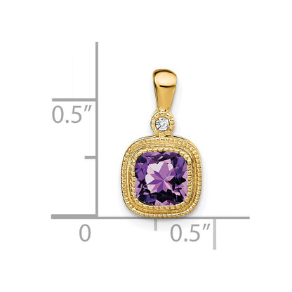 14K Yellow Gold Cushion Amethyst and Real Diamond Pendant