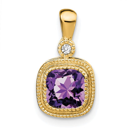 14K Yellow Gold Cushion Amethyst and Real Diamond Pendant